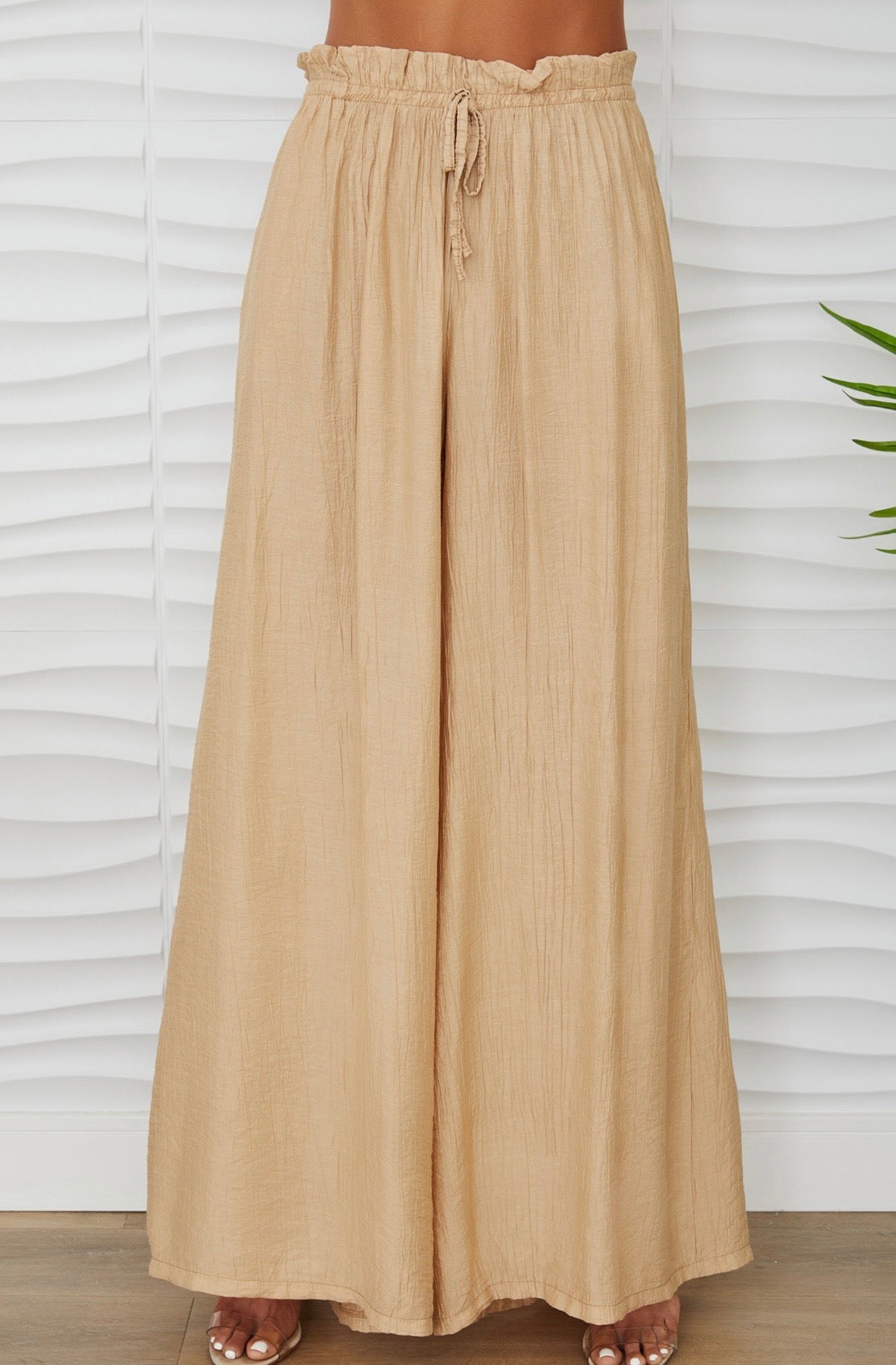 Crinkle EW Tie Front Wide Leg w/Pockets-Light Camel