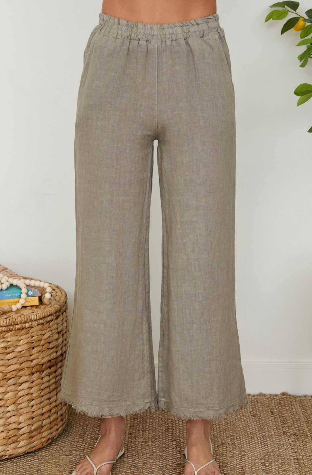 Linen Pants w/Fringe Hem & Pockets-Mocha