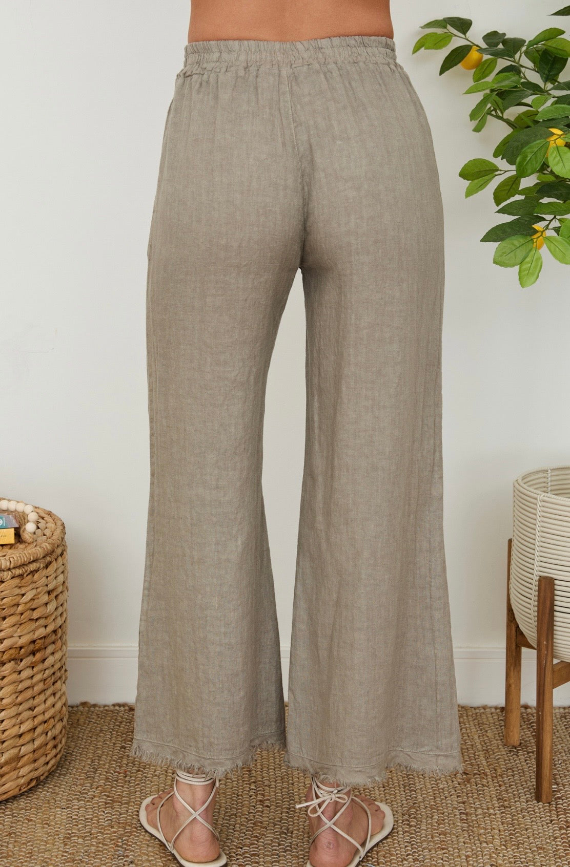 Linen Pants w/Fringe Hem & Pockets-Mocha