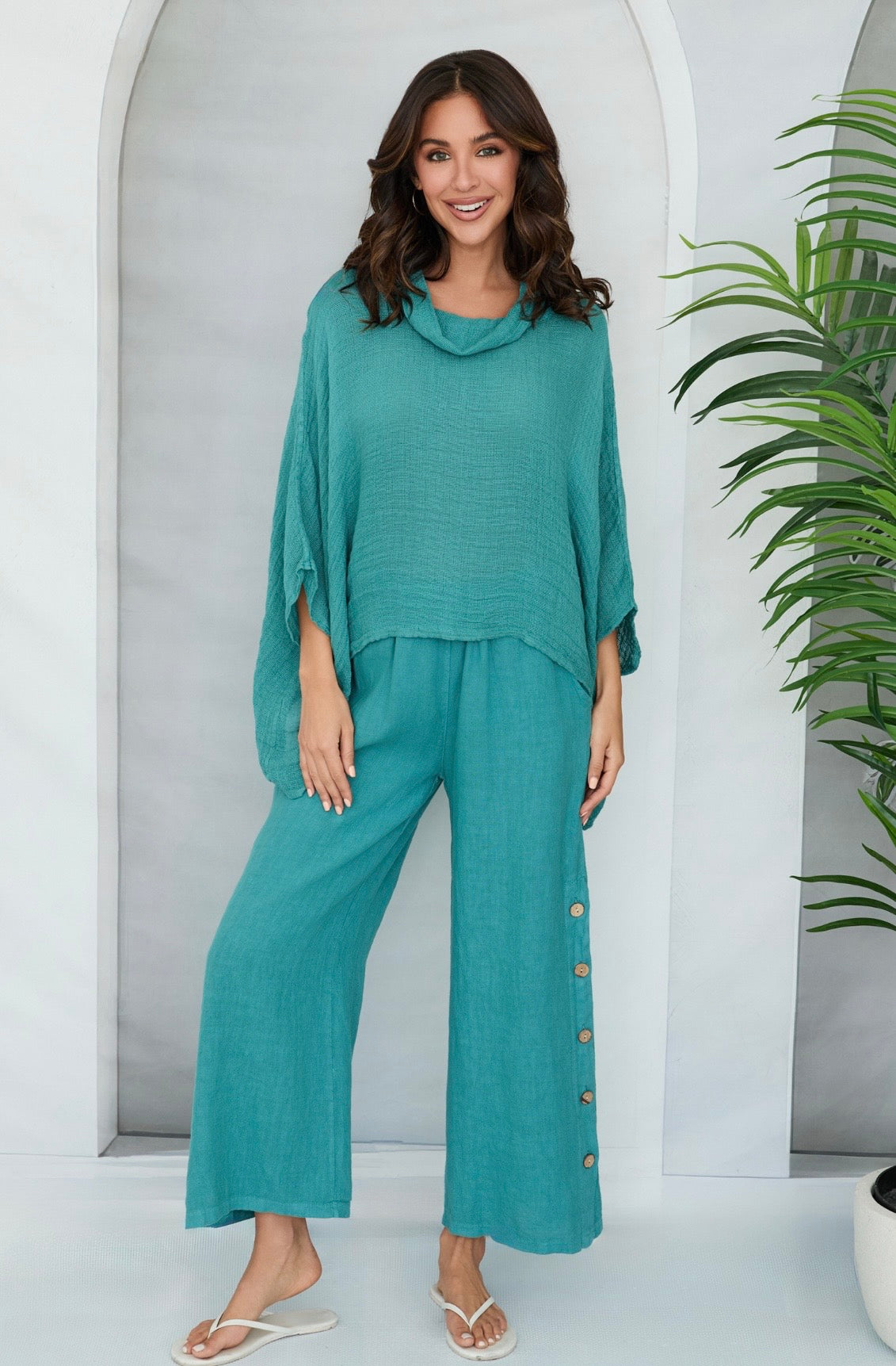 Linen Cowl Neck Knit Poncho Top-Capri