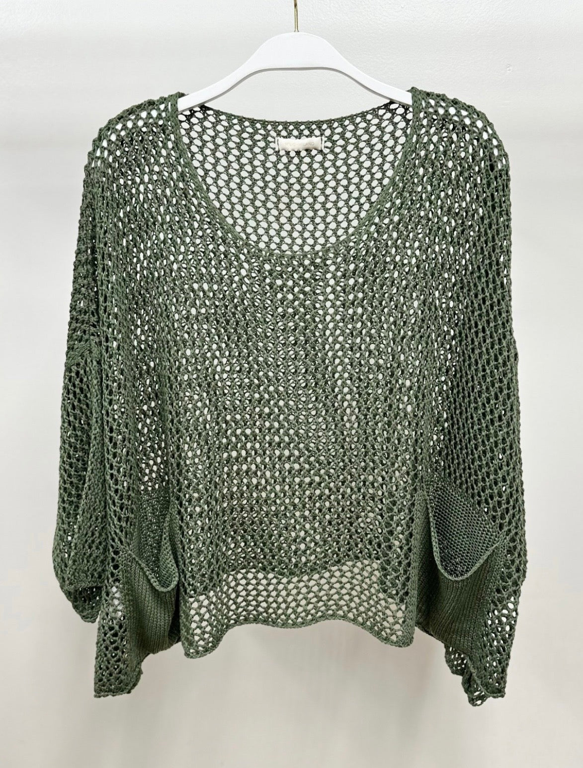 Drop Shoulder LS Crochet w/Pockets-Army Green