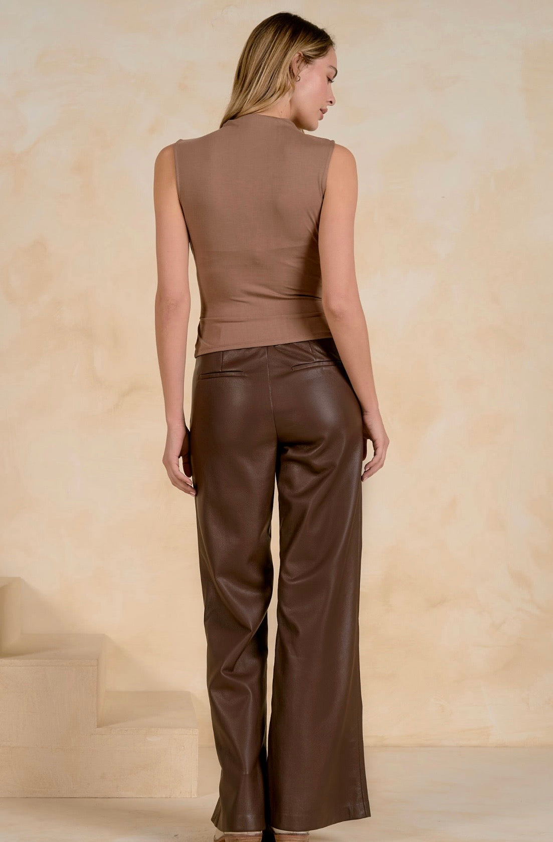 Mock Neck Sleeveless Top-Light Brown
