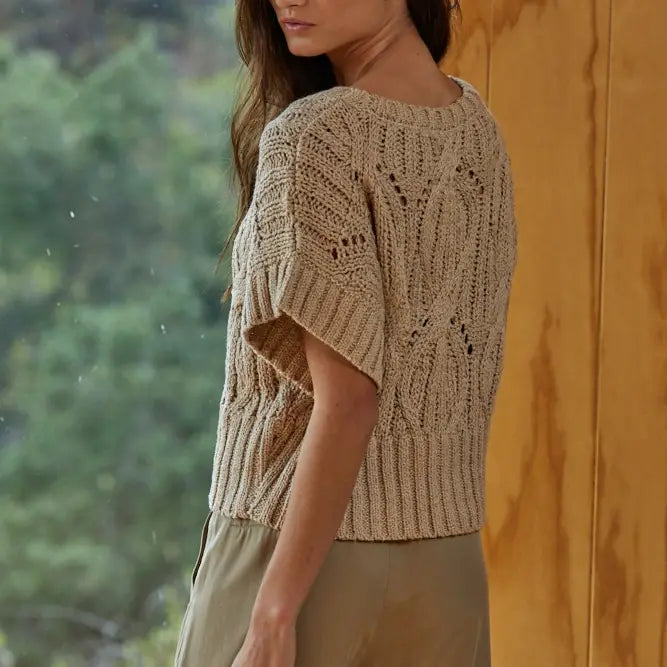 Knit Sweater Crochet Round Neck Short Sleeve-Taupe