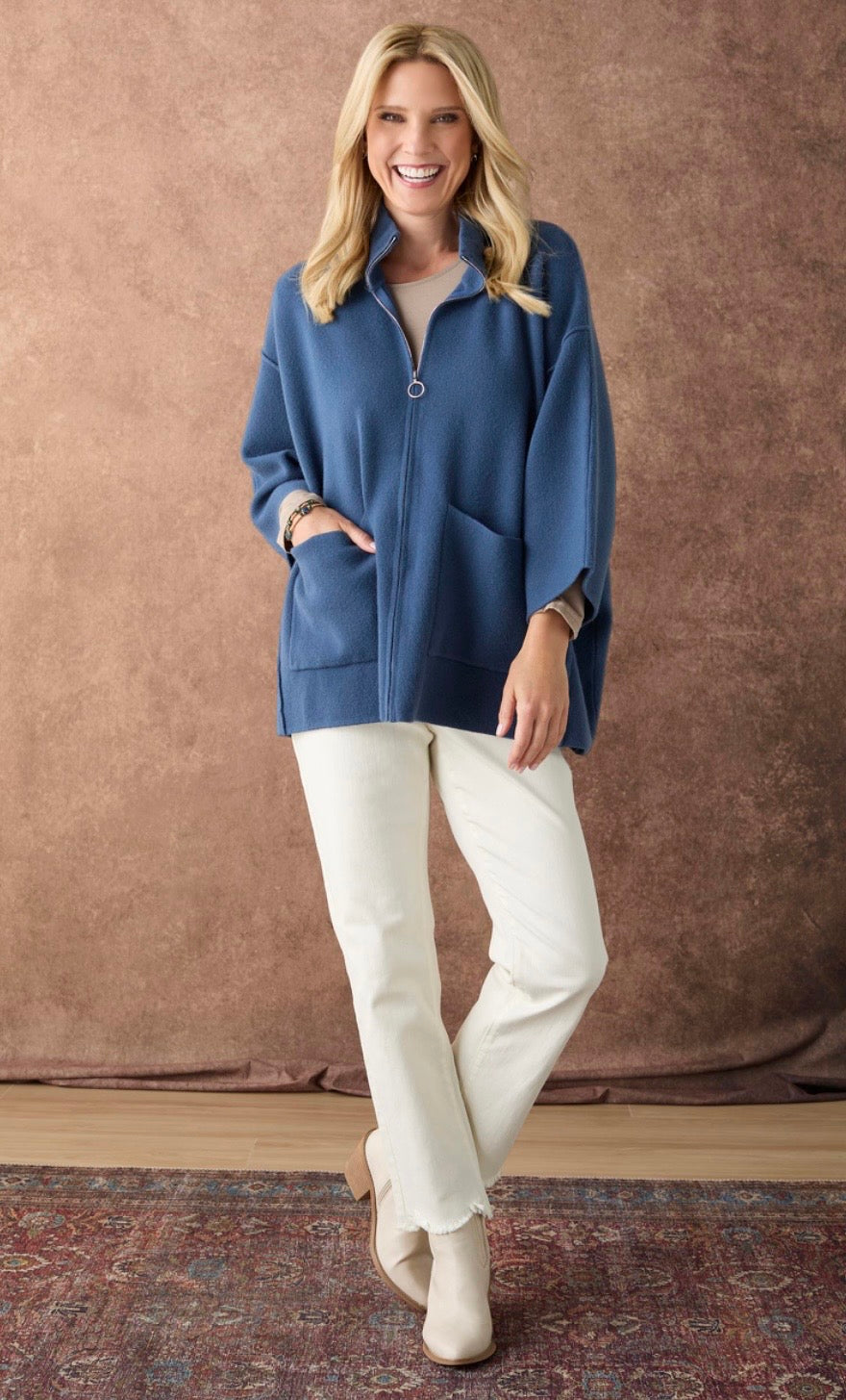 Luxe Zip Cardigan w/Pockets-Stellar Blue