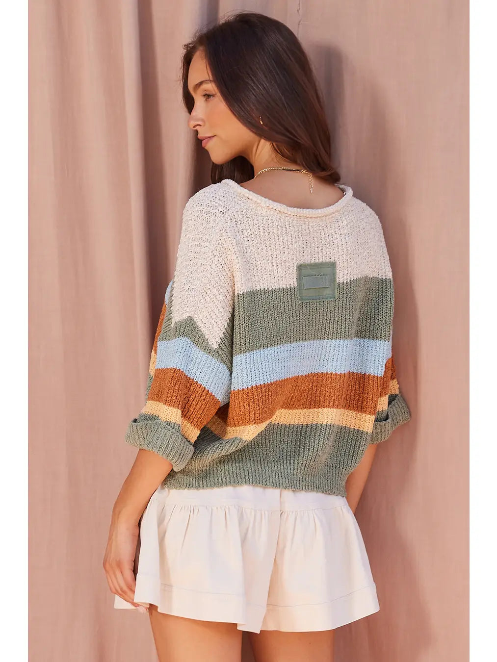 Multi Stripe Patch Sweater-Sage Multi