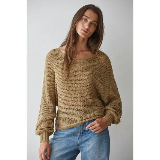 Knit Sweater Crochet Round Neck Long Sleeve Top-Olive
