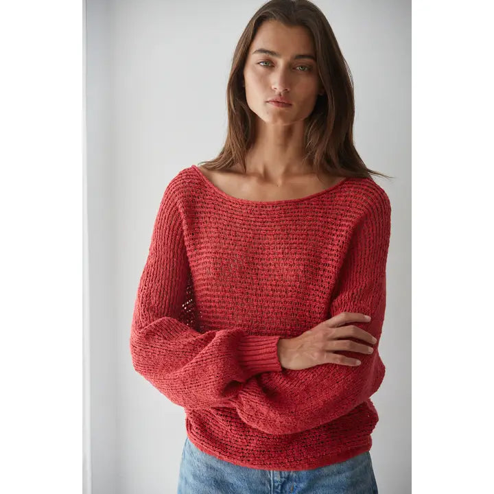 Knit Sweater Crochet Round Neck Long Sleeve Top-Dusty Rose