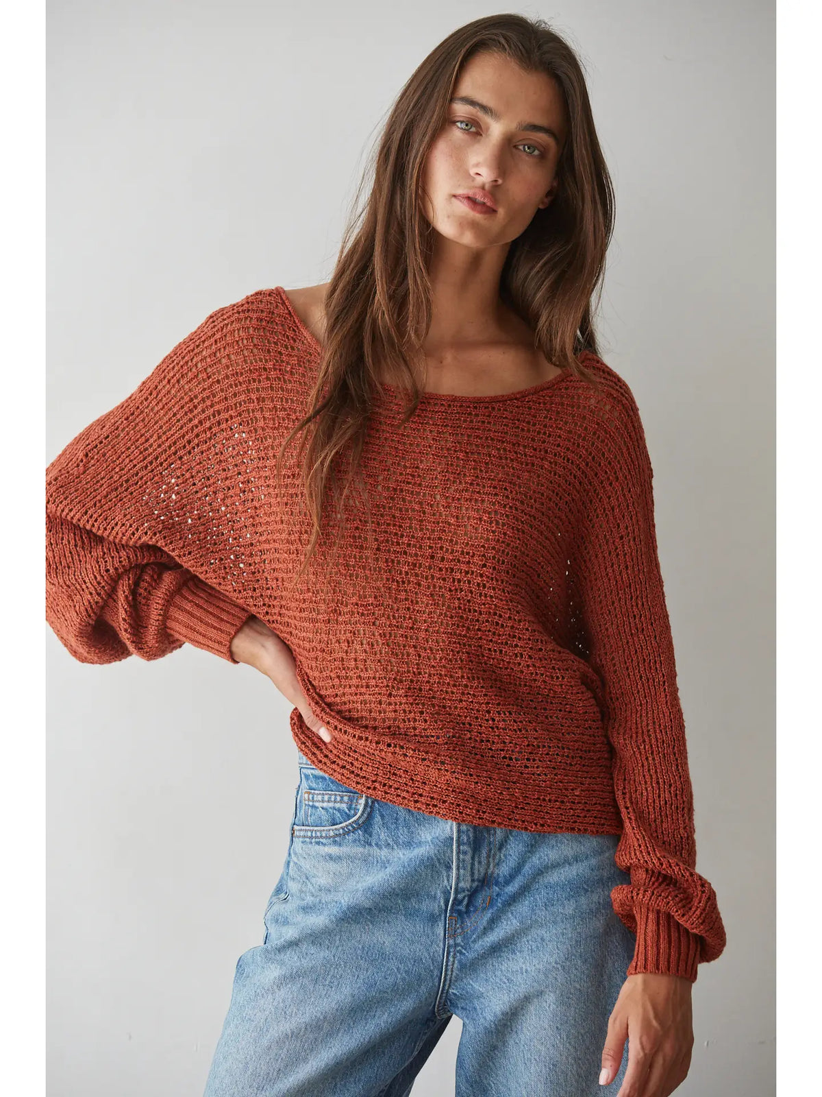 Knit Sweater Crochet Round Neck Long Sleeve Top-Ginger