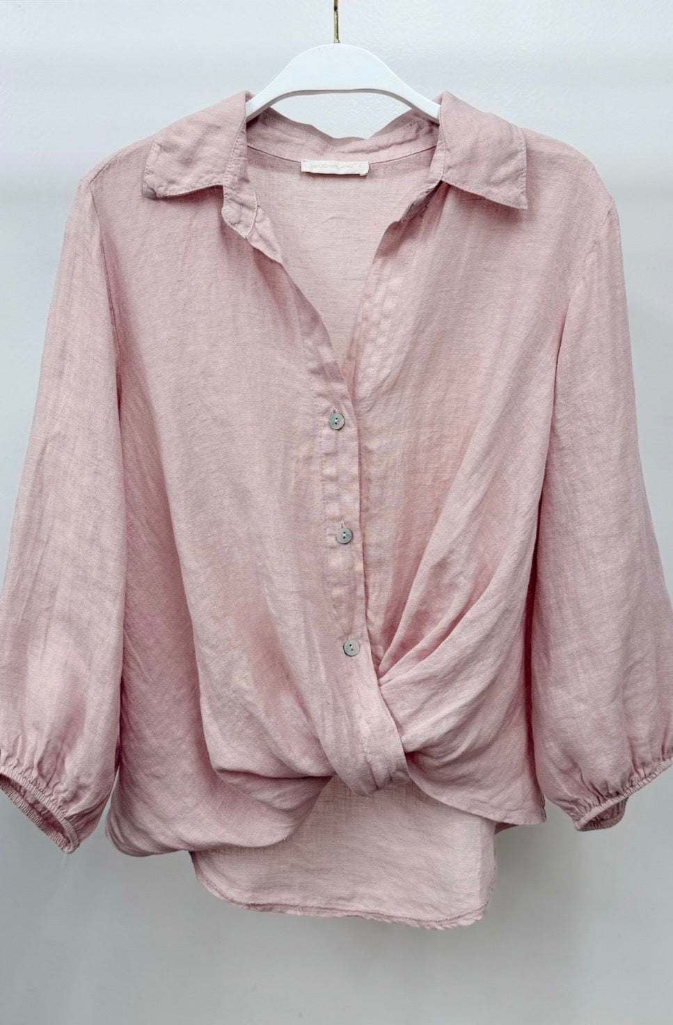 Linen Long Sleeve Front Twist Hem Henley Top-Dusty Rose