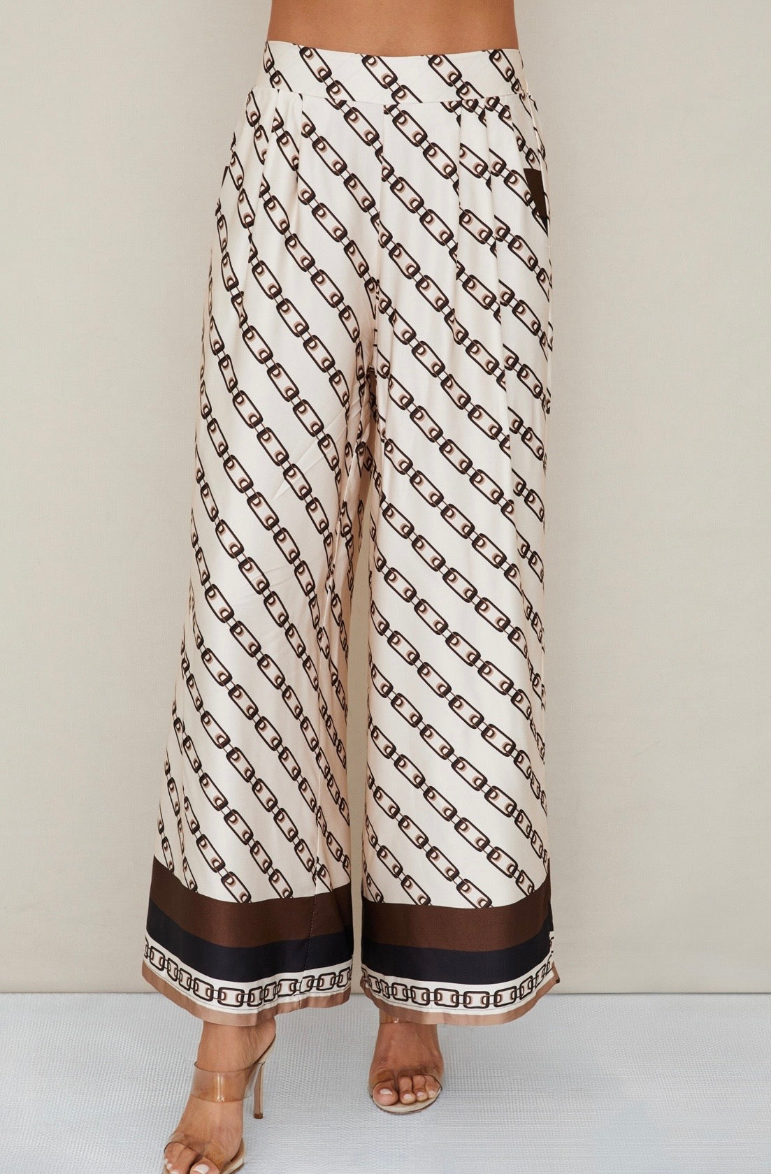 Chain Link Print Elastic BackWB Pants w/Pockets-Ivory