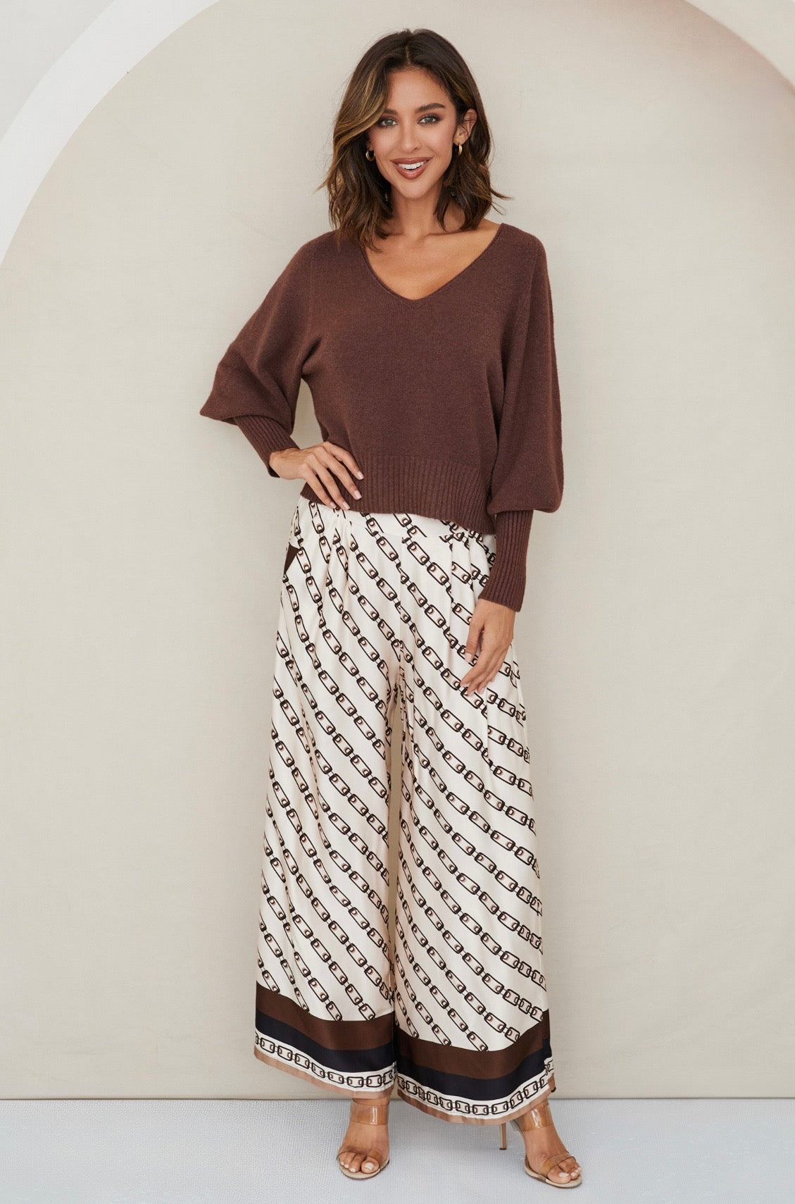 Chain Link Print Elastic BackWB Pants w/Pockets-Ivory