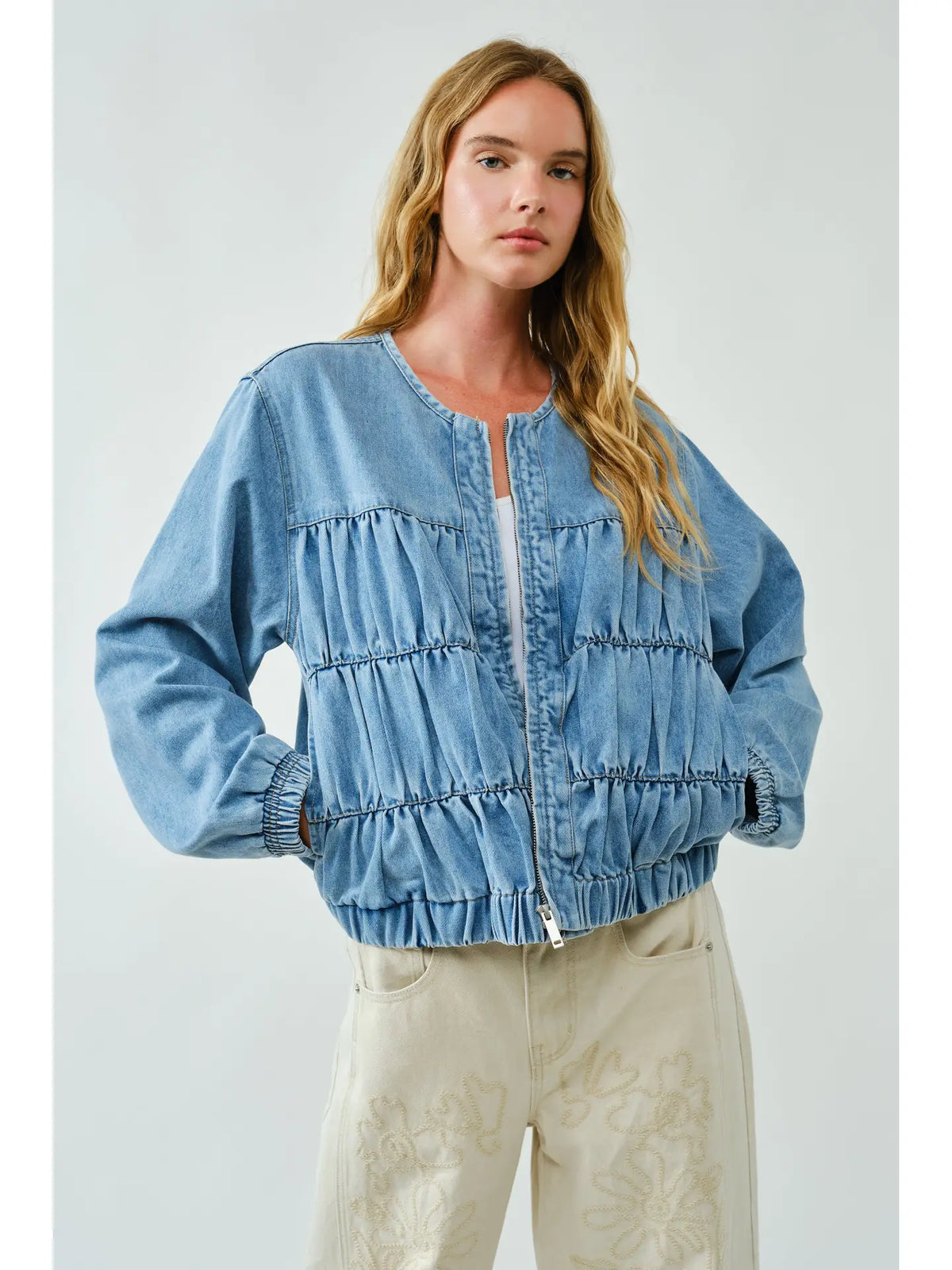 Ruched Seam Denim Bomber Jacket