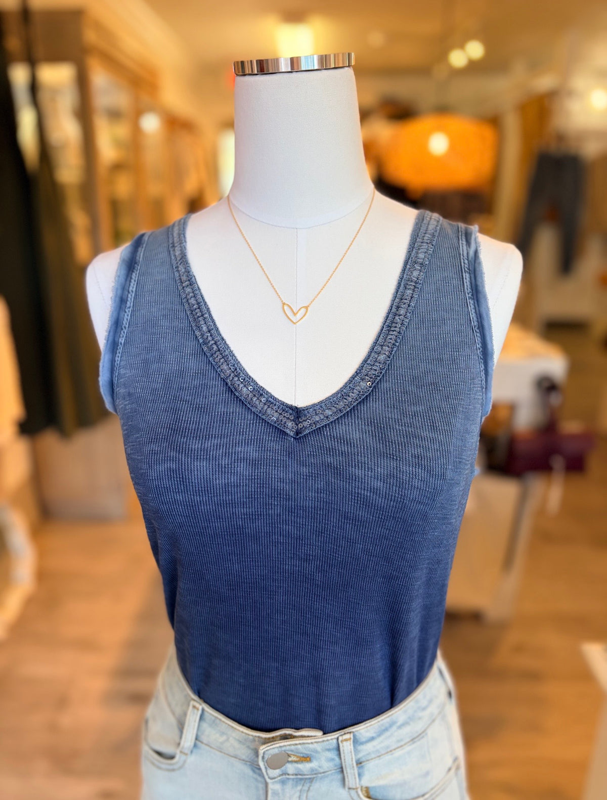 Sequin V-Neck Tank-Navy