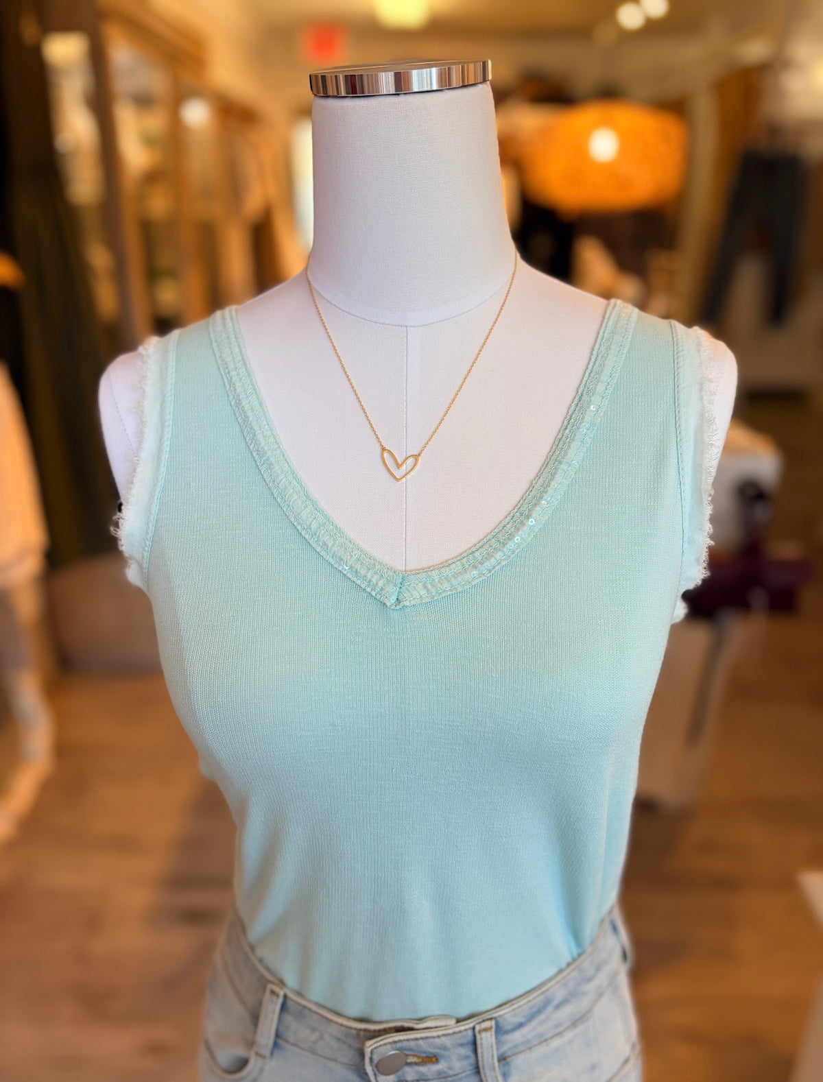 Sequin V-Neck Tank-Teal