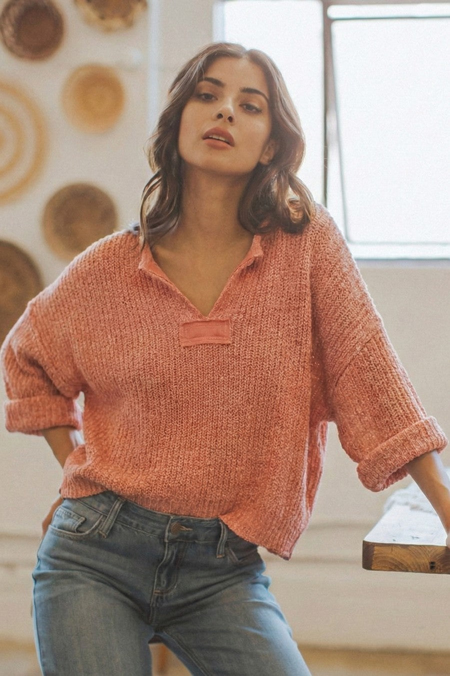 Lightweight Cropped Sweater-Coral