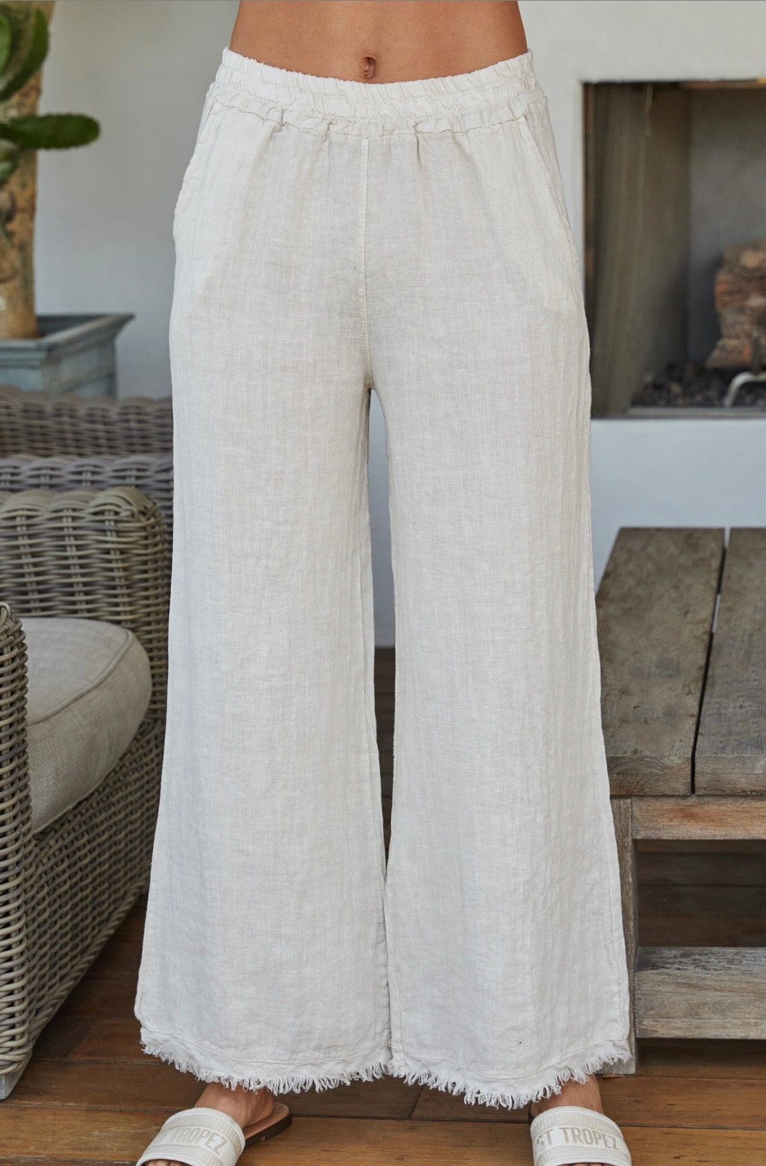 Linen Pants w/Fringe Hem & Pockets-Beige