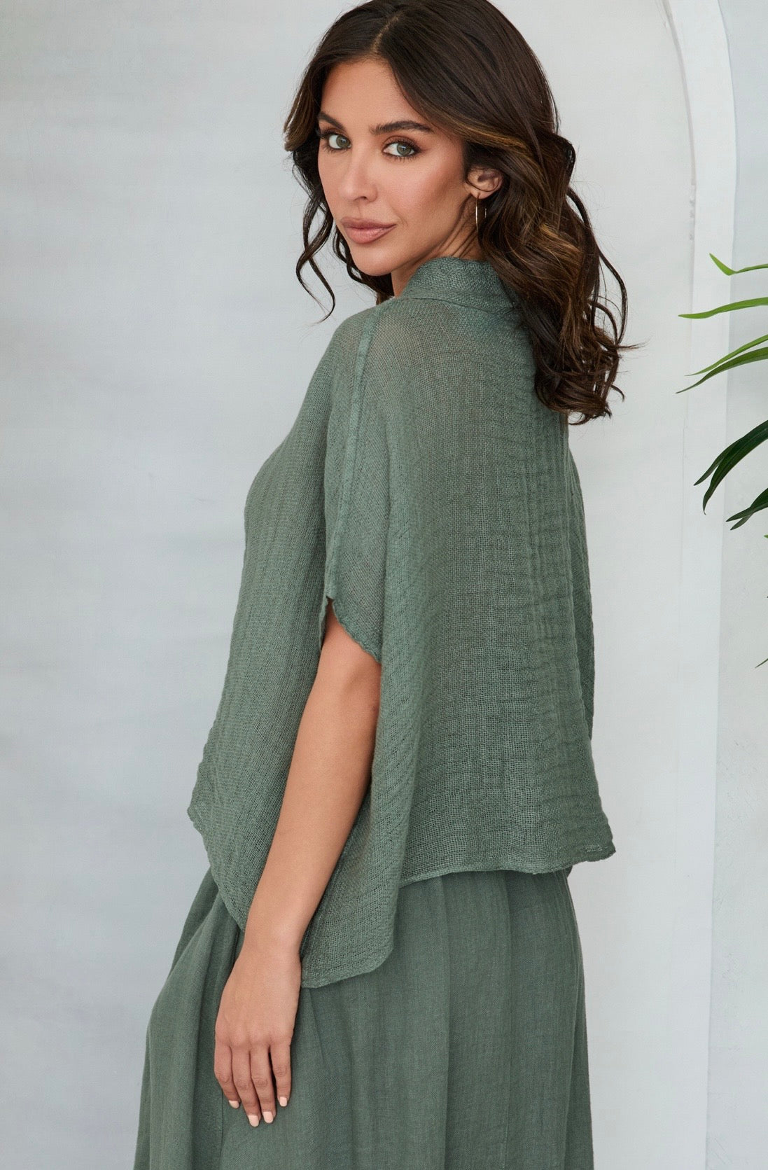 Linen Cowl Neck Knit Top-Army Green