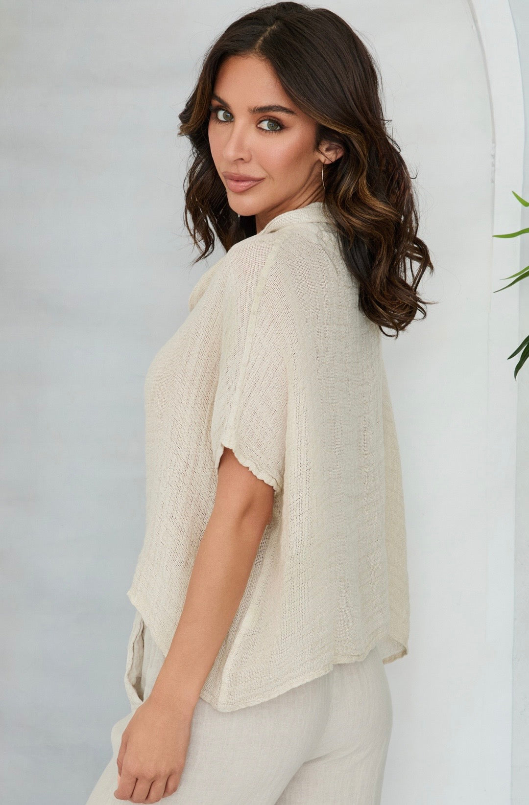 Linen Cowl Neck Knit Top-Beige