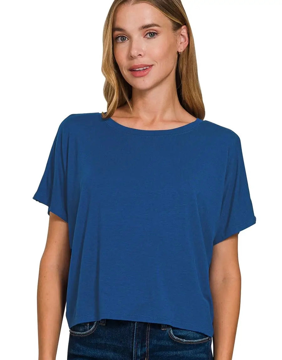 Cropped Round Neck Tee-Navy