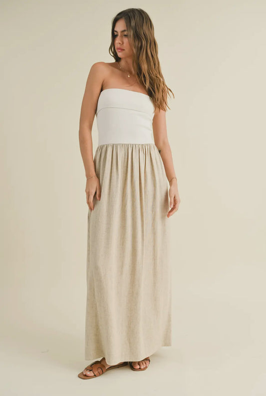 Linen w/Ribbed Knitted Top Combo Dress-White/Oatmeal