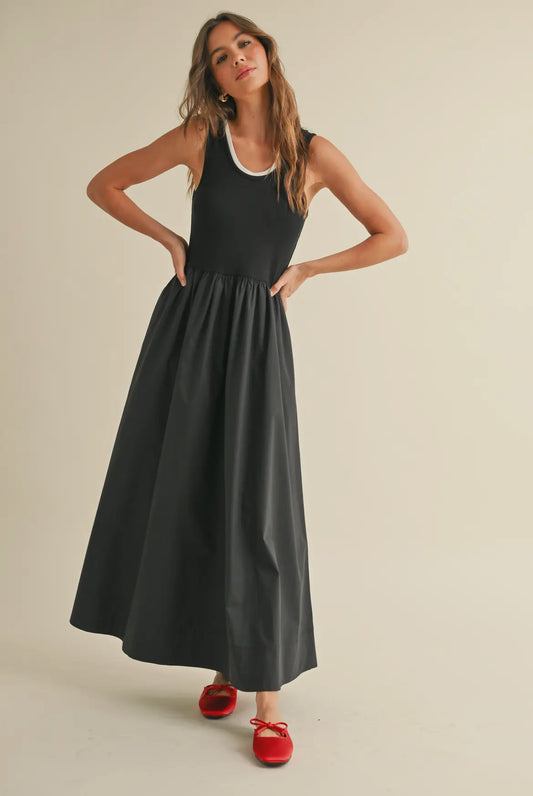 Ribbed Top Woven Skirt Combo Dress-Black/Black