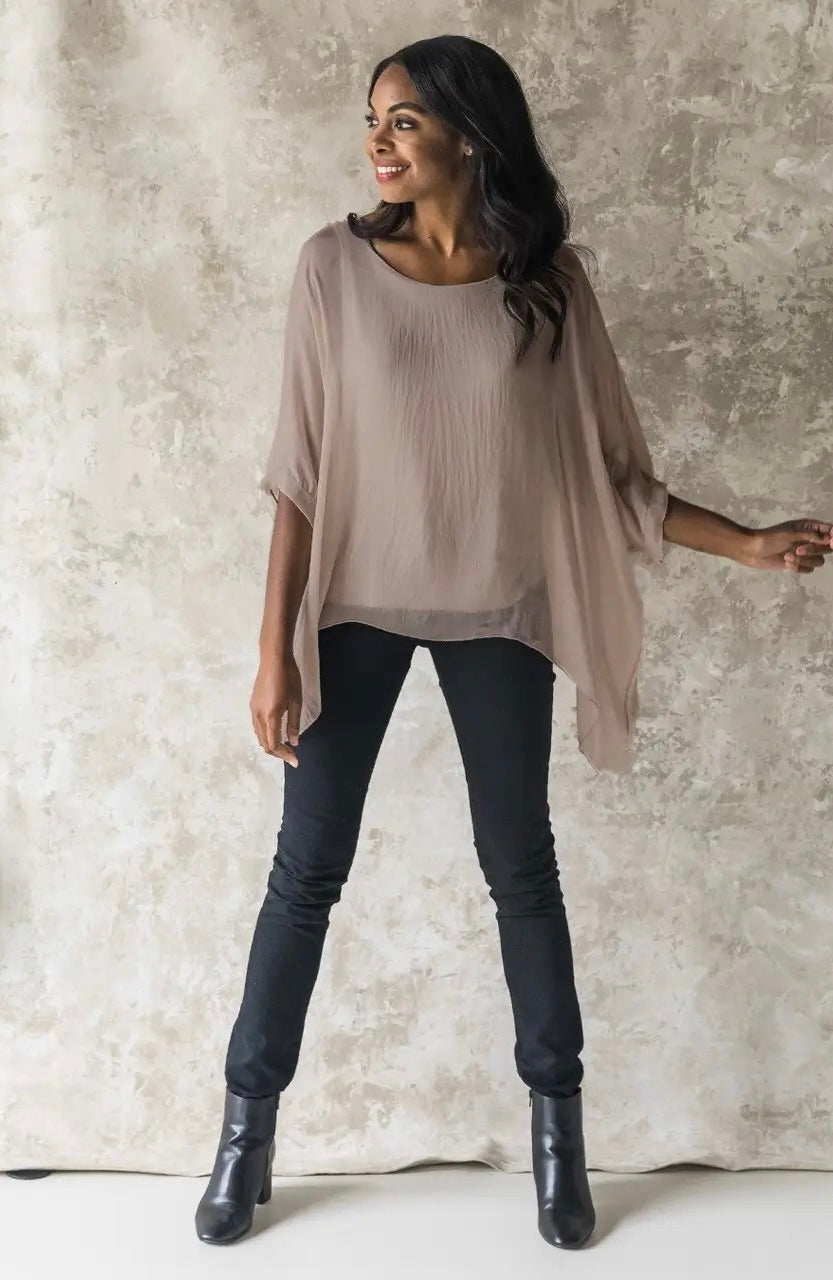 (Martina) Silk Top with Asymmetrical Hemline-TAUPE