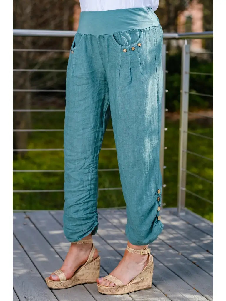 Side Ruche Relaxed Fit Linen Pants - Lake