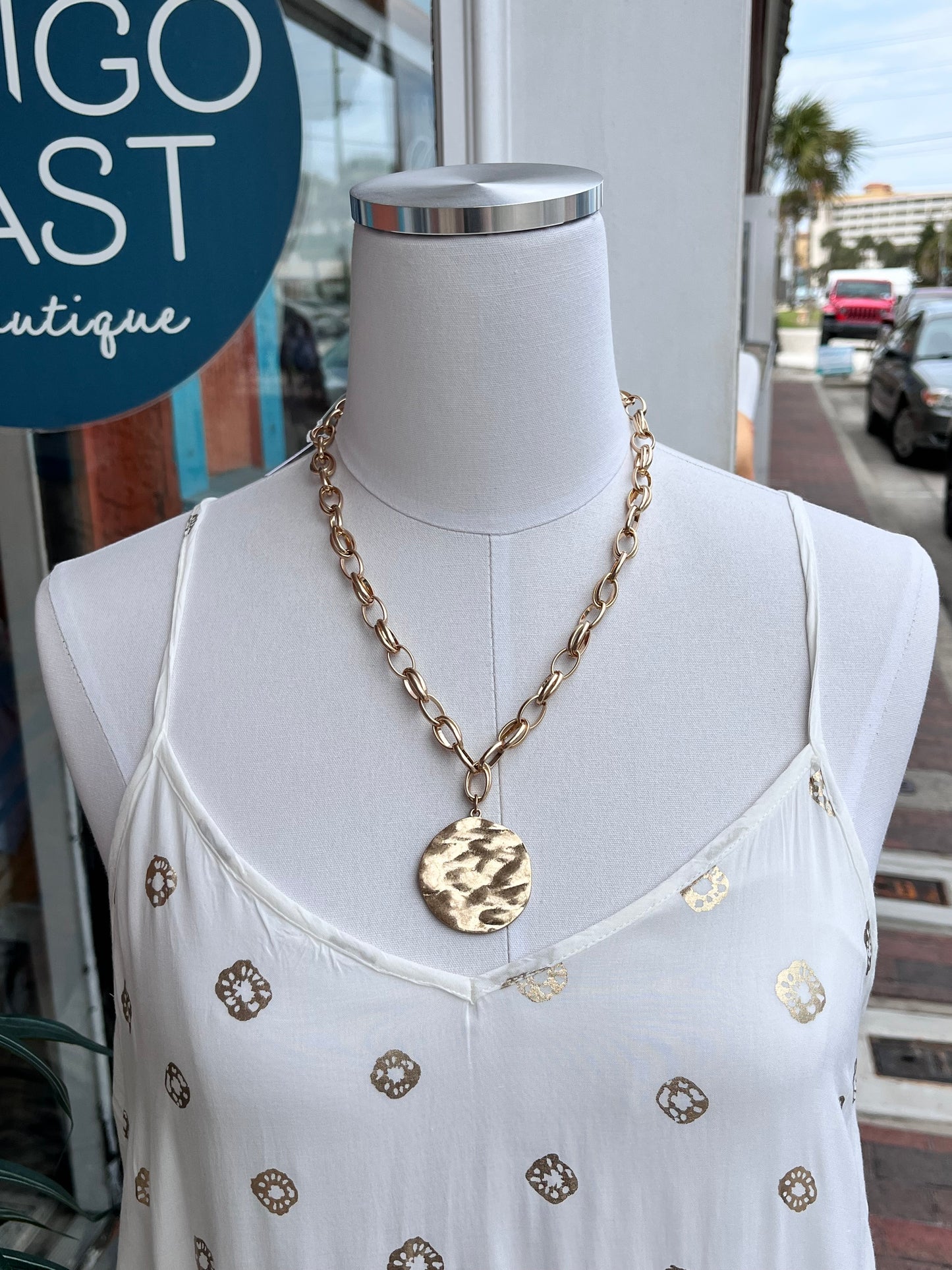 Gold Hammered Medallion Chain Necklace