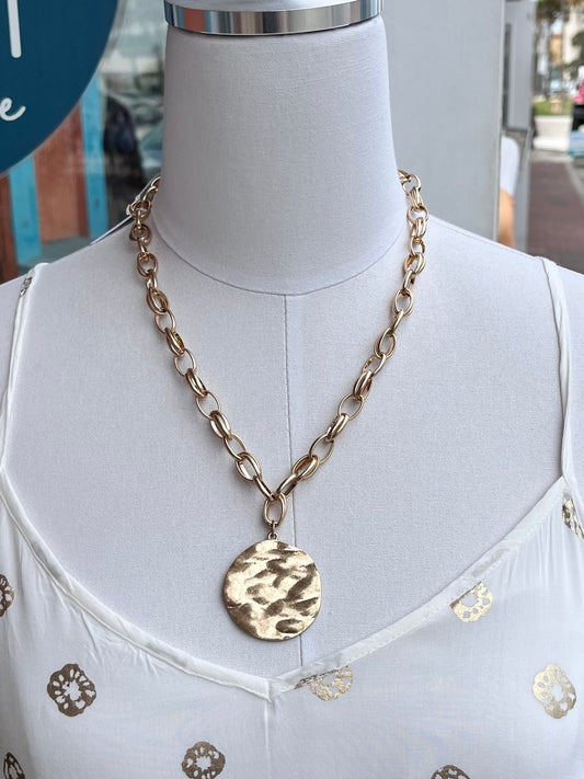 Gold Hammered Medallion Chain Necklace