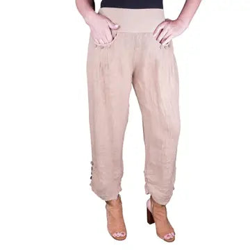 Side Ruche Relaxed Fit Linen Pants -Camel