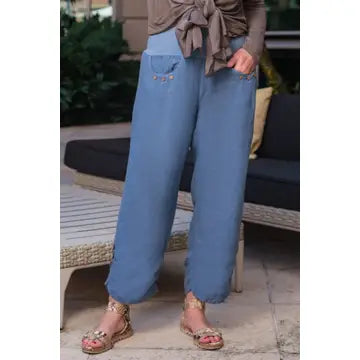 Side Ruche Relaxed Fit Linen Pants-Jeans