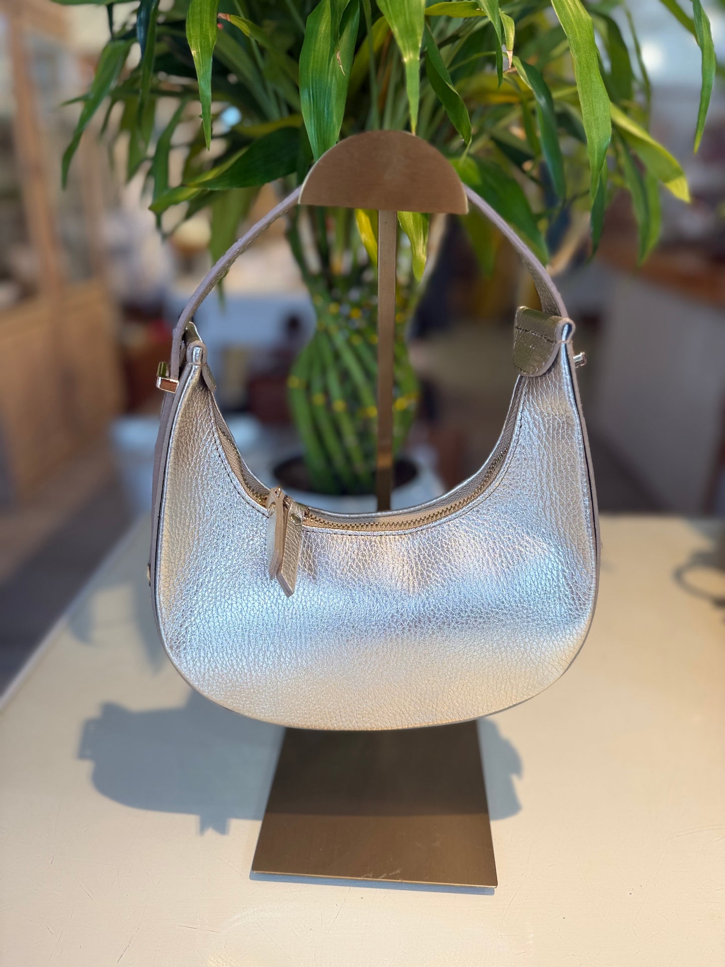 Leather Half Moon Shoulder Bag-Gold