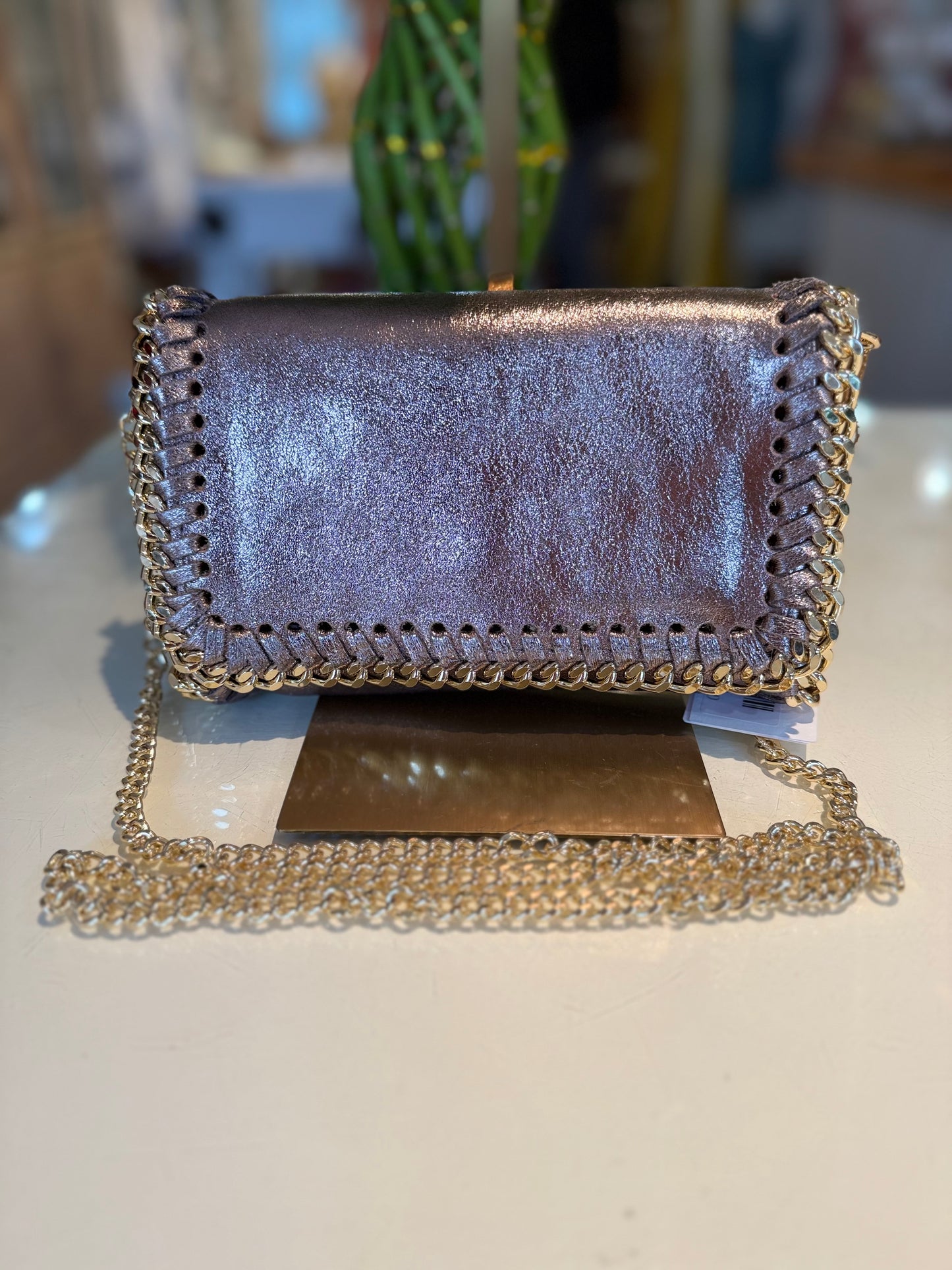 Italian Leather w/Gold Chain Crossbody-Bronze
