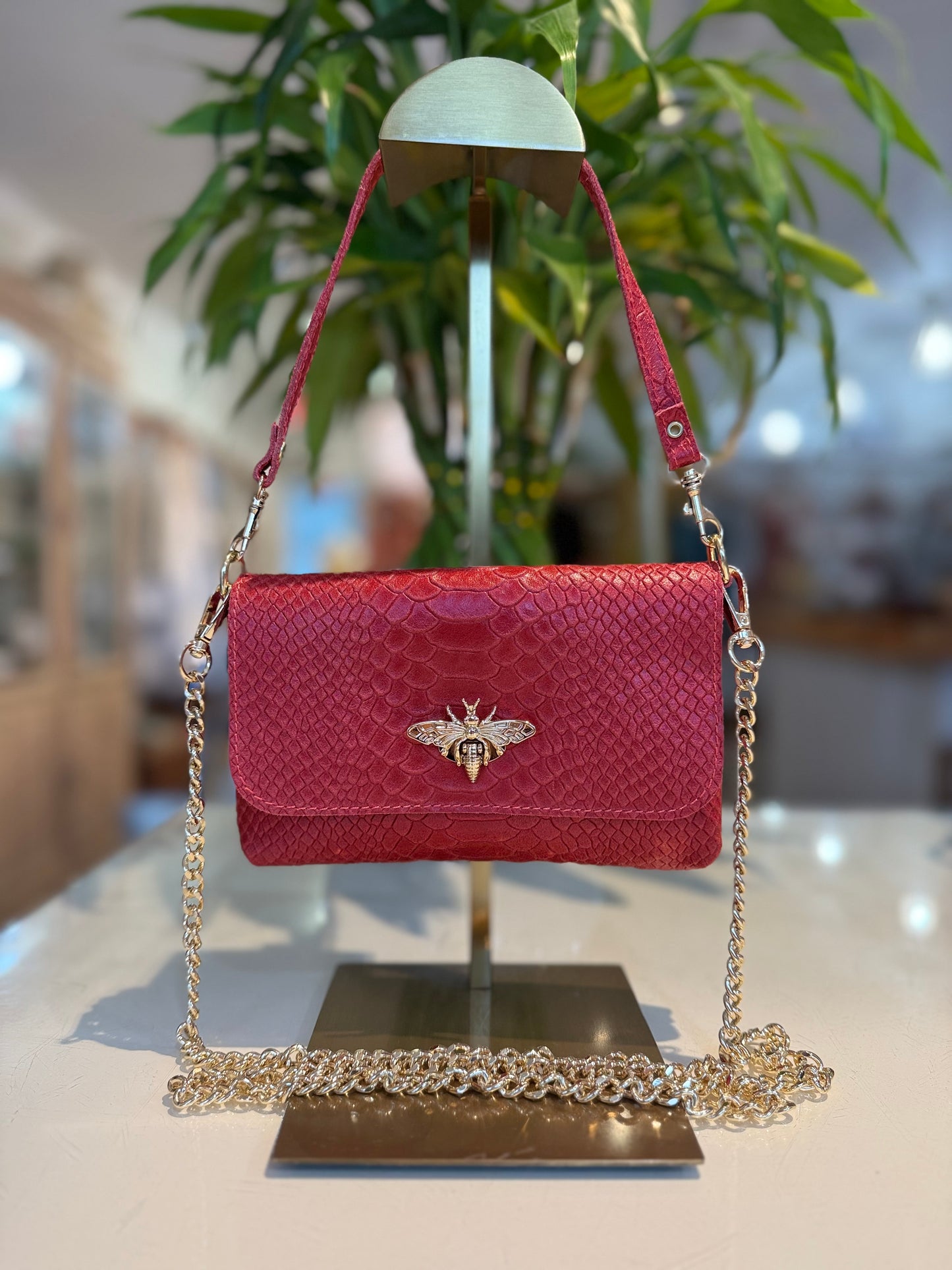 Croc Leather Bee Crossbody-Red