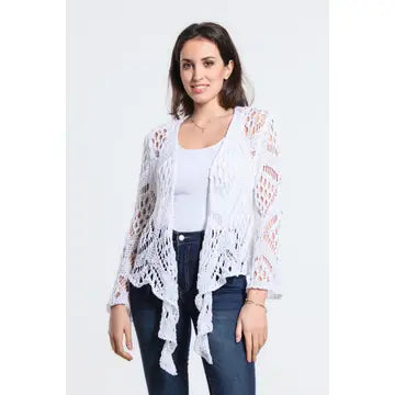 Open Knit Tie Front Bolero-White