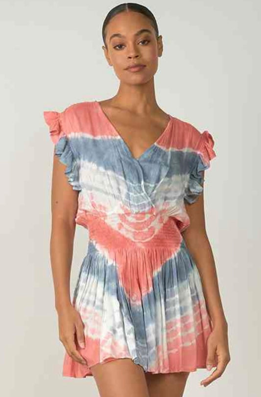 Tie Dyed Smock Waist Mini Dress-Rose/Blue Wave
