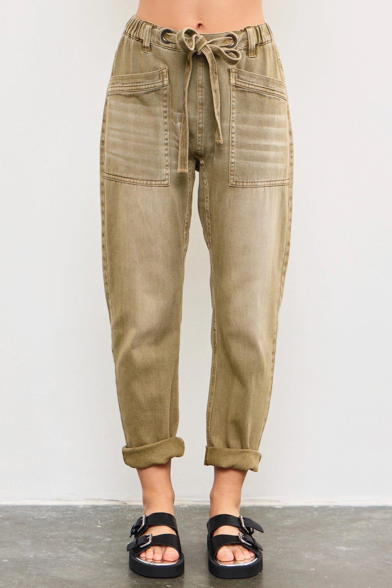 Front Tie Denim Pants-Dried Moss