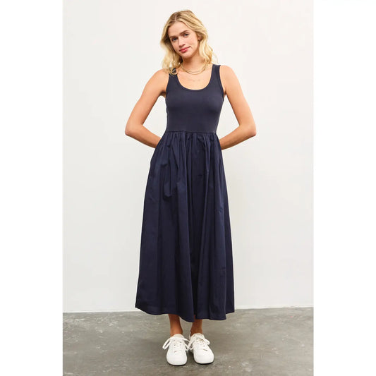 Scoop Neck Shirred Waist Flare Dress-Midnight
