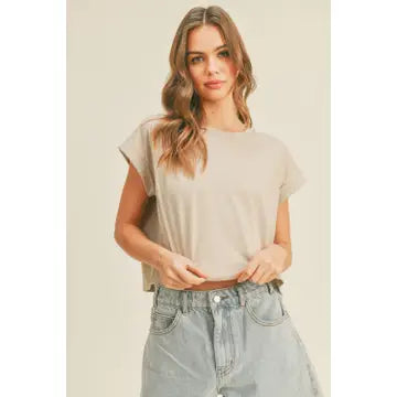 Round Neck Cuffed Sleeve Top-Stone