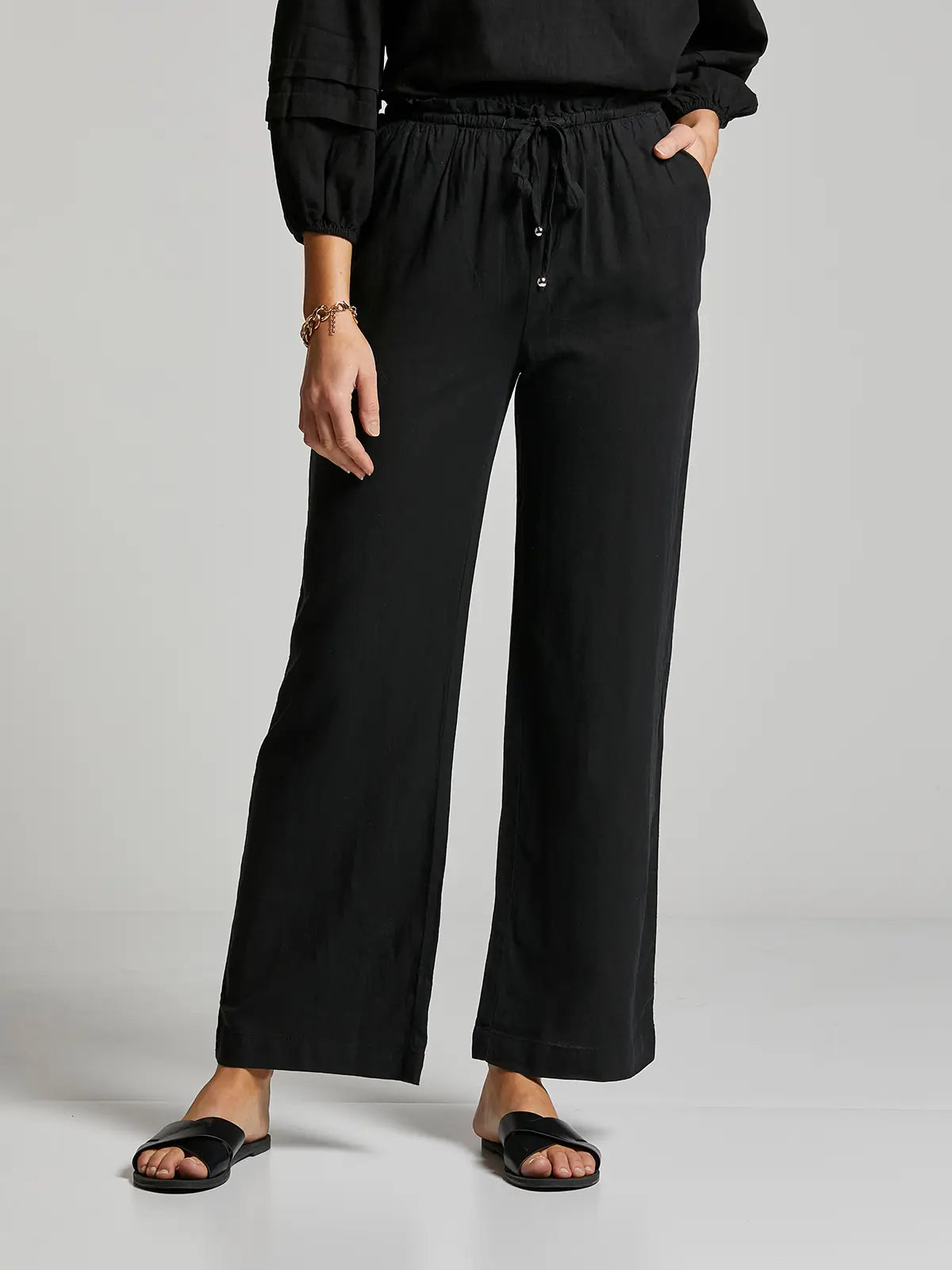 Drawstring Linen Pants-Black