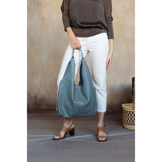 Leather Hobo Tote Bag-Dusty Blue