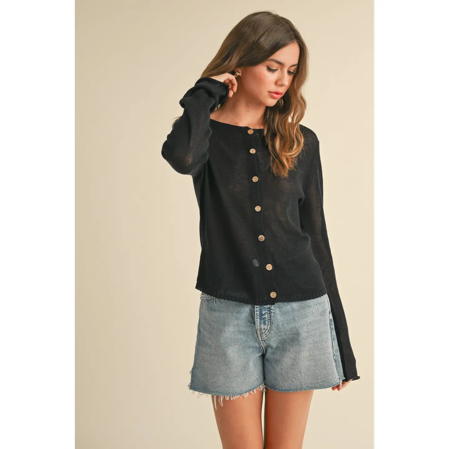 Lightweight Button Up Cardigan-Black