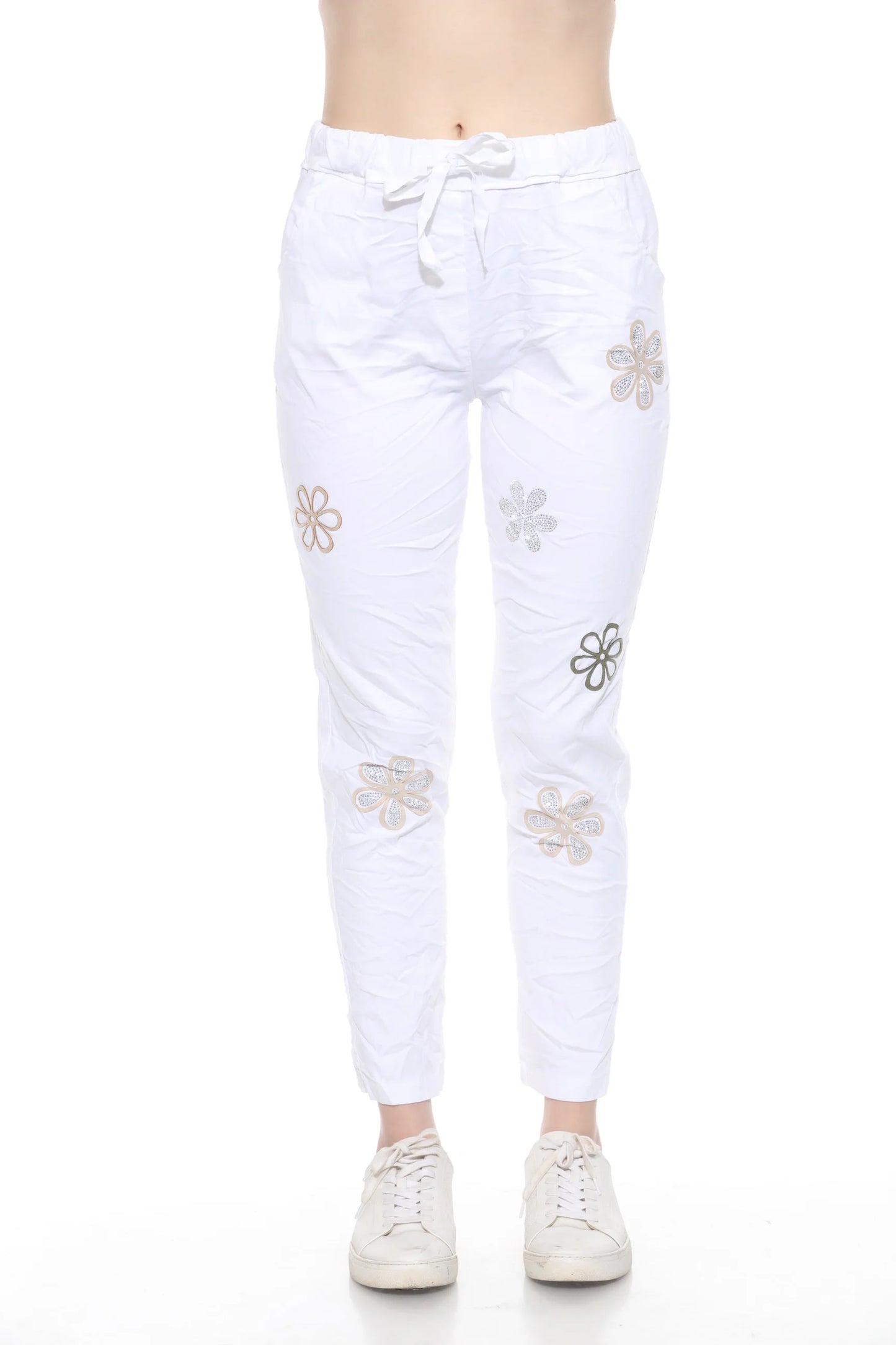 Sequin Floral Pants-White