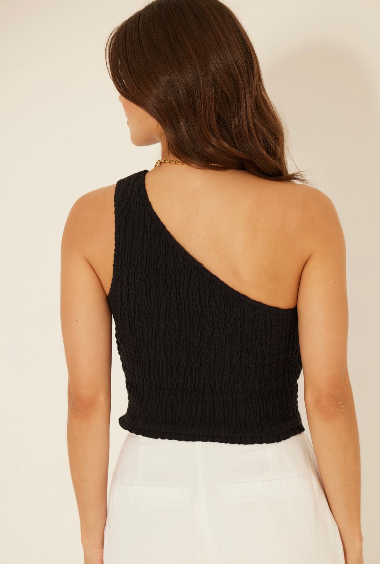 One Shoulder Rue Tank Top-Black