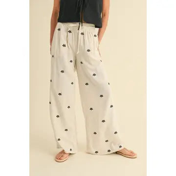 Embroidery Detail Linen Pants-Oatmeal