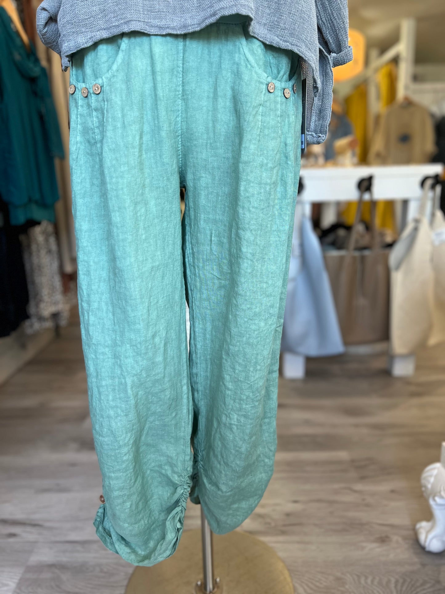 Side Ruche Relaxed Fit Linen Pants - Lake