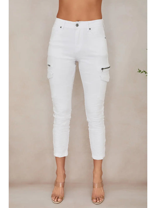 Crinkle Jogger Cargo Pocket Pants w/Zipper-White