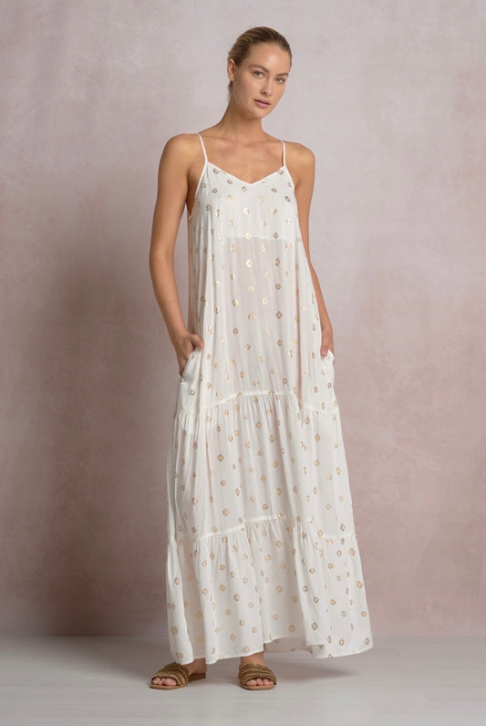 Maxi Spaghetti Strap Dress-White Polka