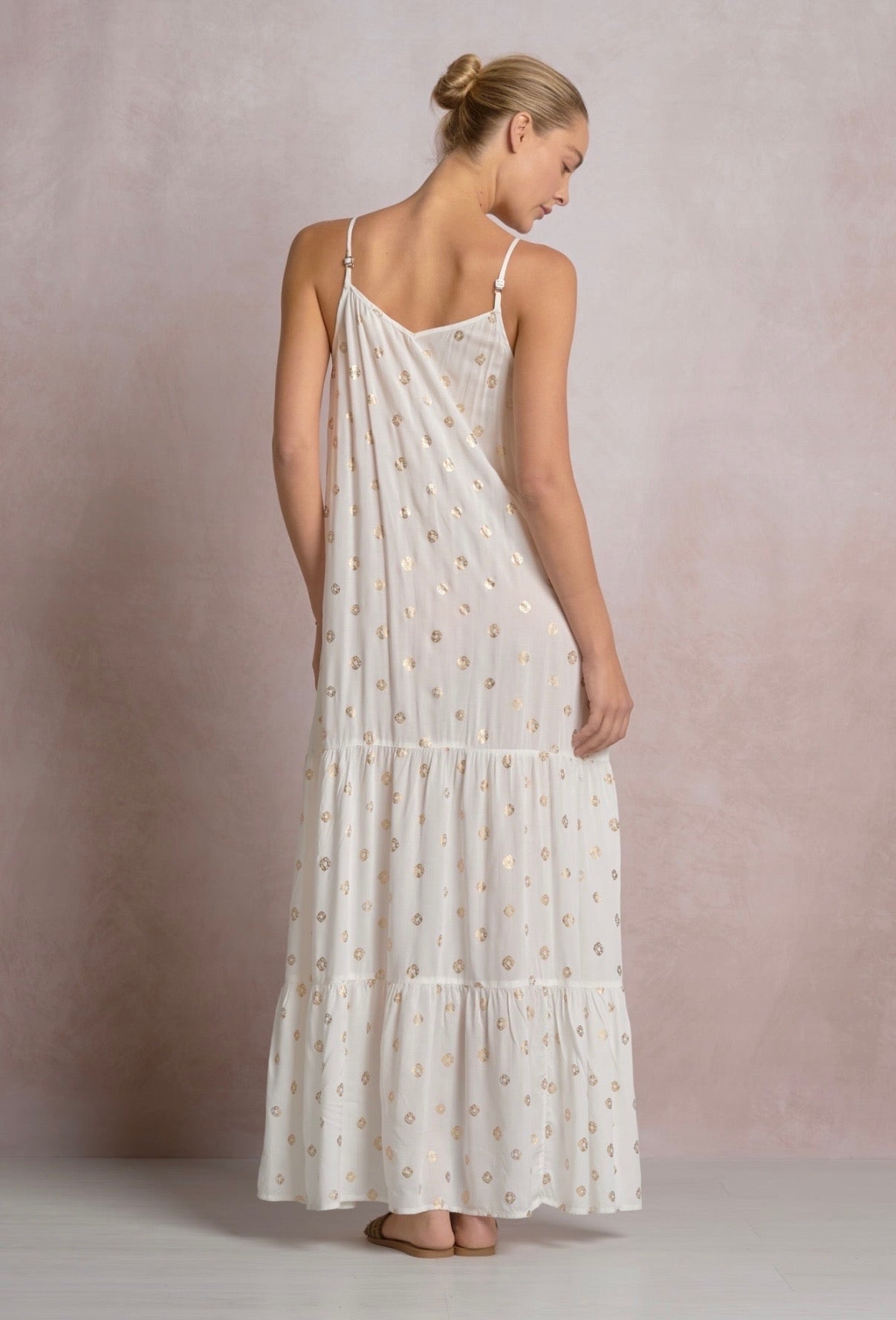Maxi Spaghetti Strap Dress-White Polka