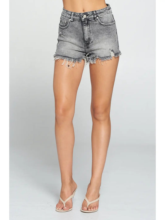 High Rise Denim Shorts-Grey